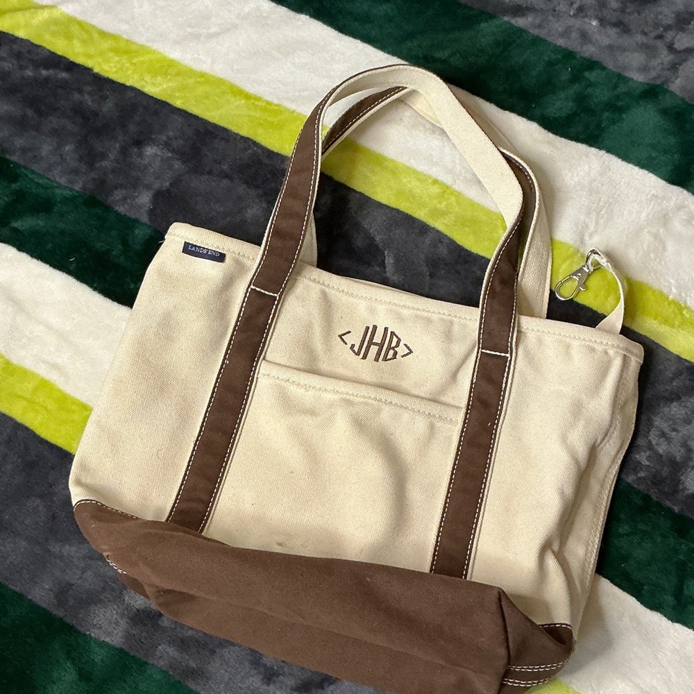 Lands' End Cream and Brown Canvas Duffel Tote - Picture 9 of 13